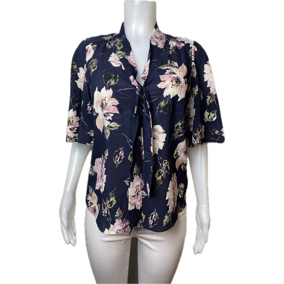 F. Rebecca Taylor Silk Top 10 Floral Multicolor Blouse Short Sleeve V Neck - Picture 1 of 6